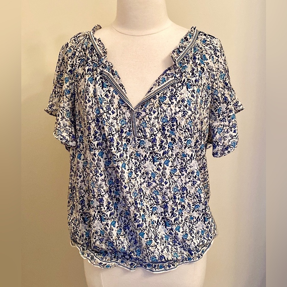 Max Studio Blue Floral Ruffled V-Neck Flutter Sleeves Elastic Waist Blouse SZ XL